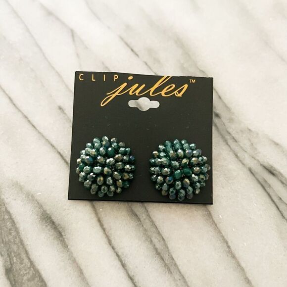 Vintage Beaded Jules Earrings Green Clip On Round Retro - Picture 1 of 4